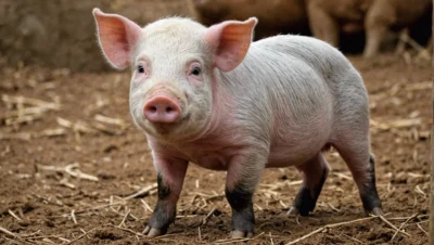 Photographie d'un jeune porc domestique debout sur de la paille, dans un enclos de ferme