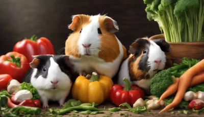 Illustration générée par IA : trois cochons d'Inde entourés de légumes. La mise en scène comporte aussi des champignons, de l'ail et des piments, que les sources citées dans l'article ne recommandent pas.