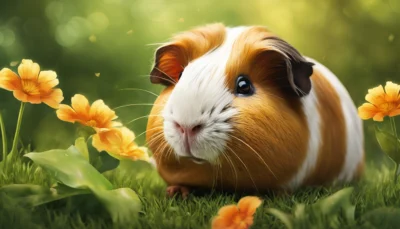 Cochon d'Inde de profil, incisives visibles contre un brin de foin