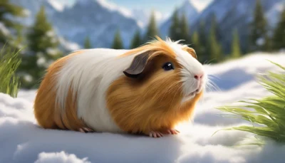Cochon d'Inde roux et blanc couché sur la neige, entre des sapins et un relief de montagne