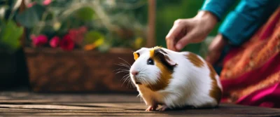 Cochon d'Inde blanc et roux sur une table en bois, caressé par une main, devant un jardin fleuri