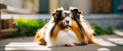 Illustration générée par intelligence artificielle : petit animal au long pelage fauve, noir et blanc, couché sur une terrasse au soleil.